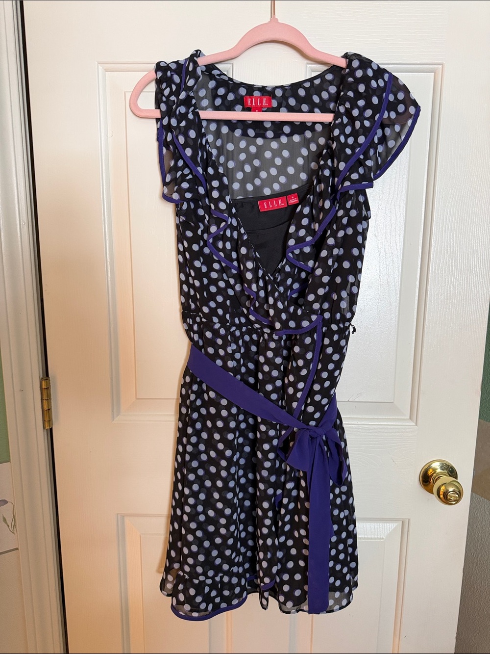 ELLE Black Polka Dot Dress with Purple Trim and Sash